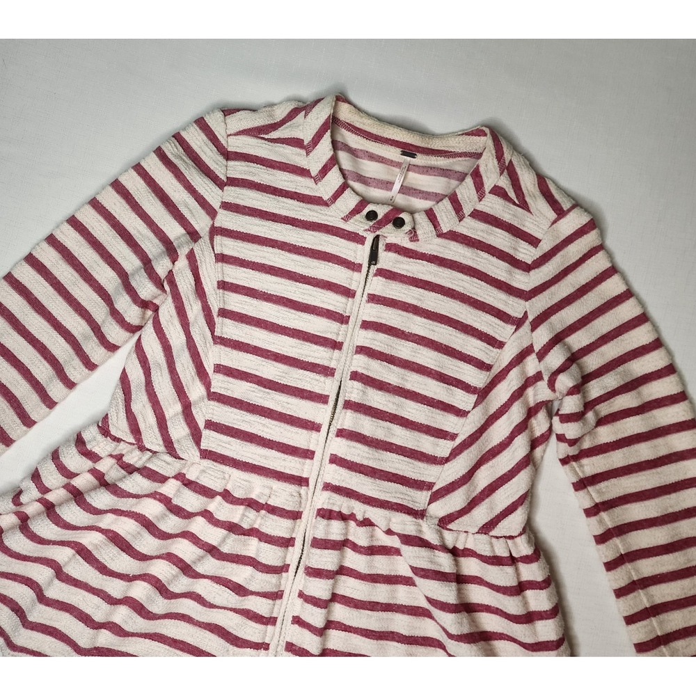 Free People Womens Red Striped Zip Up Peplum Shacket Jacket Mock Neck Medium